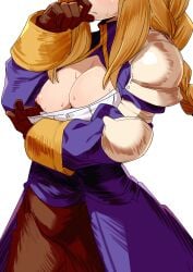 1girls agrias_oaks armor blonde_hair braid breasts brown_gloves brown_pants closed_mouth clothes_pull cropped_head elbow_pads female final_fantasy final_fantasy_tactics gloves highres large_breasts long_hair morisobo nipples pants pauldrons shoulder_armor shoulder_pads simple_background single_braid solo sweat white_background