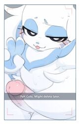 absurd_res anthro biped blush dialogue eyelashes femboy fluff_(kekitopu) fur genitals hi_res kekitopu lagomorph leporid looking_at_viewer male mammal nude penis pupils rabbit simple_background smile solo text thick_thighs three-quarter_view white_body white_fur
