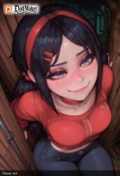 ai_generated artist_name bench black_hair blue_eyes blush bookshelf breasts denim deviantart_username dollmaker dollmaker_(artist) female from_above hair_ornament hairband hairclip jeans long_hair looking_at_viewer looking_up medium_breasts on_floor pants park_bench patreon_logo patreon_username red_hairband sitting sitting_on_bench smile solo tagme watermark web_address wooden_floor