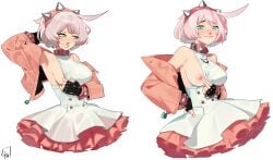 1girls absurdres ahoge armpits big_breasts black_gloves blush bracelet breasts cleavage_reach clover collar commentary cowboy_shot dress elphelt_valentine english_commentary female female fingerless_gloves flashing four-leaf_clover frilled_dress frills gloves green_eyes guilty_gear guilty_gear_strive hairband highres huge_ahoge jacket jewelry l4wless large_breasts looking_at_viewer looking_to_the_side nipples one_breast_out partially_clothed pink_dress pink_hair pink_hairband pink_jacket presenting presenting_armpit pulling_own_clothes short_hair sideboob smile solo spiked_bracelet spiked_collar spiked_hairband spikes standing tug two-tone_dress white_background white_dress white_hair