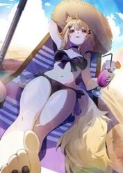 ahoge animal_ears armpits bangs bare_shoulders barefoot beach beach_umbrella bikini black_bikini blonde_hair blue_sky breasts brown_headwear choker cleavage cloud collarbone cup day depth_of_field drinking_glass eyebrows_visible_through_hair feet female food front-tie_top hand_on_headwear hat holding holding_cup long_hair looking_at_viewer lying medium_breasts nail_polish navel ocean outdoors pov pov_feet red_eyes short_hair side-tie_bikini sitting sky smile soles solo squchan_(vtuber) straw_hat sun_hat swimsuit tail thighs toes tongue tongue_out vyugen