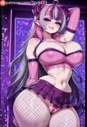 ahoge ai_generated alternate_breast_size alternate_costume arm_behind_head arm_up bangs bare_shoulders bimbo bimbofication black_hair blush breasts cameltoe cleavage covered_nipples earrings elbow_gloves female fishnet_pantyhose fishnets gloves grey_hair heart horns huge_breasts ironmouse jewelry large_breasts long_hair looking_at_viewer makeup microskirt mole mole_on_breast mole_under_eye multicolored_hair navel panties pantyhose pink_eyes pink_hair pointy_ears prostitution purple_eyes purple_gloves purple_hair skirt smile solo streaked_hair tgv9173 thick_thighs thighs underwear very_long_hair vshojo