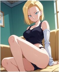 1girls ai_generated android_18 black_panties bluu_ai dragon_ball dragon_ball_z panties shirt_and_panties solo tank_top thighs