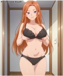 1girls ai_generated black_bra black_panties black_underwear bluu_ai dosanko_gal_wa_namara_menkoi fuyuki_mai orange_hair solo underwear