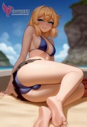 1boy 2d ai_generated ass bangs barefeet big_ass bikini blonde_hair bulge erection erection_under_clothes erophoenix feet full_body green_eyes looking_at_viewer looking_back male male_focus navel nude otoko_no_ko pale_skinned_male patreon_username penis sitting smile soles solo solo_male sweat swimsuit thick thick_thighs toes uncensored