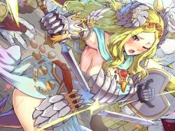 1girls absurd_res armor blonde_hair blush boris_(noborhys) freya_(zangeki_no_reginleiv) gauntlets goddess hair_ornament hi_res jewelry long_hair monster one_eye_closed red_eyes shield skirt solo_female solo_focus sword teeth_clenched teeth_showing tiara zangeki_no_reginleiv