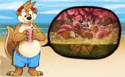 acidic anthro arm_tuft beach belly big_belly black_nose bodily_fluids brown_body brown_fur brown_hair canid canine clothed clothing cutaway digestion drinking duo elbow_tuft eyewear eyewear_on_head fangs front_view fur gloves_(marking) goggles goggles_on_head hair holding_milkshake internal male mammal markings mustelid open_mouth orange_body orange_fur otter otter_(oceanotter) outside red_tongue short_hair shoulder_tuft standing stomach_acid tan_body tan_fur teeth tongue tongue_out topless tuft vore