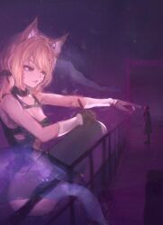 animal_ears bangs bare_shoulders blonde_hair breasts choker cleavage closed_mouth dress elbow_gloves female gloves hair_ornament long_hair medium_breasts night night_sky outdoors sky smile solo squchan_(vtuber) vyugen