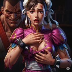 ai_generated balrog bruised chun-li crying exposed_breasts ripped_clothing scared