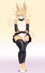 anthro arm_warmers armwear black_clothing blush bottomwear clothed clothing clothing_lift collar femboy fur genitals heart_symbol hi_res lagomorph latex legwear leporid male mammal paws penis pompsadoodle purple_eyes rabbit skirt skirt_lift solo stockings underwear white_body white_fur yellow_body yellow_fur