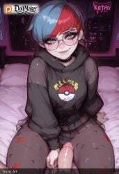 ai_generated bed bedroom black_choker bulge choker dollmaker dollmaker_(artist) erection female freckles futanari glasses heart_pillow hood hood_down hoodie large_penis looking_at_viewer multicolored_hair on_bed patreon_logo patreon_username penis pillow red_hair sitting sitting_on_bed tagme two-tone_hair watermark web_address