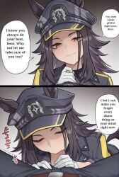ai_generated animal_ears black_hair black_hat black_jacket comic_page deepthroat english_text erection fellatio female fenomeno_(umamusume) gloves handjob hat horse_girl jacket multicolored_hair peaked_cap penis speech_bubble two_tone_hair umamusume umamusume_pretty_derby white_gloves