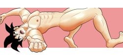 1boy 2020 2020s abs ass bara barefoot black_hair dragon_ball light_skin male male_only muscular naked nipples no_visible_genitalia out_of_frame pink_background sanshou simple_background solo son_goku tagme white_background