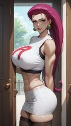 ai_generated daigun door doorway jessie_(pokemon) looking_at_viewer pokemon posing posing_for_the_viewer sexy skintight skintight_clothing skirt smile smiling smiling_at_viewer stockings thighs