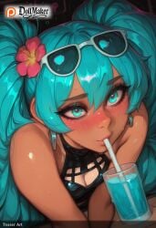 ai_generated aqua_eyes aqua_hair artist_name bendy_straw blush breasts crazy_straw cup dark-skinned_female dark_skin dollmaker dollmaker_(artist) drink drinking drinking_glass drinking_straw earrings eyewear_on_head female flower glass goggles goggles_on_head hair_flower hair_ornament hibiscus ice_cube jewelry long_hair mouth_hold nose_blush patreon_logo patreon_username solo sunglasses tagme watermark web_address