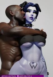 1boy 1girls ai_generated amelie_lacroix azataai cat_ears cat_girl_outfit cosplay embrace erect_nipples half_naked hugging_each_other large_areolae licking_face looking_at_another navel_piercing overwatch overwatch_2 purple_areola purple_lipstick purple_skin shaved_crotch widowmaker womb_tattoo