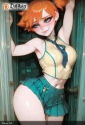ai_generated armpits artist_name blush breasts dollmaker dollmaker_(artist) female green_eyes half-closed_eyes heart heart-shaped_pupils kasumi_(pokemon) midriff navel orange_hair patreon_logo patreon_username poke_ball pokemon_(creature) seductive_smile side_ponytail skirt smile solo_focus suspenders symbol-shaped_pupils tagme watermark web_address