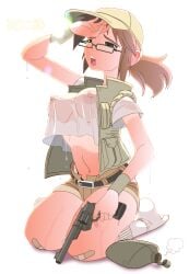 1girls big_breasts blush breasts brown_hair closed_eyes female fio_germi glasses hat malachi metal_slug nipples_visible_through_clothing outside partially_clothed presenting standing sweat