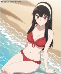 1girls ai_generated bikini bluu_ai frilled_bikini red_bikini solo spy_x_family swimsuit yor_briar
