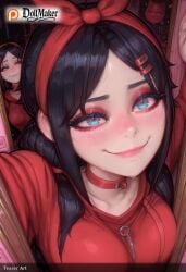 ai_generated artist_name bangs black_hair blue_eyes blush breasts choker closed_mouth collar collarbone condom condom_packet_strip condom_wrapper dollmaker dollmaker_(artist) female hair_ornament hairband hairclip half-closed_eyes heart-shaped_pupils lips long_hair looking_at_viewer lying naughty_face nose_blush patreon_logo patreon_username recording red_hairband ribbon seductive_smile smile symbol-shaped_pupils tagme viewfinder watermark