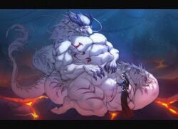 abs animal_genitalia anthro ao_guang biceps blush clothed clothed/nude clothing dragon duo eastern_dragon embarrassed genital_slit genitals hair hand_on_abs hi_res human kazhijun kneeling male male/male mammal muscular muscular_male mythological_creature mythological_scalie mythology nude robe scalie side_view size_difference standing white_body
