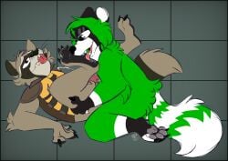 absurd_res anal anthro bodily_fluids brown_body brown_fur claws clothing cum duo facial_markings fangs feet foot_fetish foot_lick foot_play fur genital_fluids genitals green_body green_fur guardians_of_the_galaxy head_markings hi_res jackbaphomet licking male male/male mammal markings marvel pawpads penis procyonid raccoon rocket_raccoon ronin_(character) sex teeth toe_claws tongue