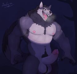 abs adra_(artist) anthro balls big_balls big_penis blush bodily_fluids canid canine canis erection flashlight genitals grey_body grin half-closed_eyes hi_res humanoid_genitalia humanoid_penis male mammal muscular muscular_male narrowed_eyes night nude pecs penis pubes purple_background signature simple_background smile solo standing tail vein veiny_penis wolf