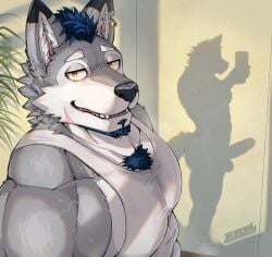 1boy bara bk_mita blue_hair chest_tuft dog_boy earrings facial_hair furry furry_male goatee highres holding holding_phone jewelry large_pectorals large_penis large_testicles male_focus mohawk muscular muscular_male notched_ear original pectorals penis penis_shadow phone scar scar_on_cheek scar_on_face single_earring solo tank_top testicles tight_clothes white_tank_top yellow_eyes