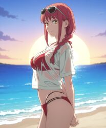 1girls ai_generated bikini bluu_ai chainsaw_man makima_(chainsaw_man) red_bikini solo sunglasses sunglasses_on_head swimsuit