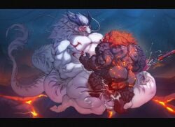 animal_genitalia anthro ao_guang balls black_body blush bodily_fluids clenched_teeth cum cum_splatter dragon drooling duo eastern_dragon erection foot_on_knee genital_fluids genital_slit genitals hair hands_behind_back hi_res humanoid_genitalia humanoid_penis kazhijun kneeling male male/male muscular mythological_creature mythological_scalie mythology penetration penile penile_penetration penis penis_in_slit red_hair sackless saliva scalie slit_penetration slit_play teeth urethral urethral_penetration white_body