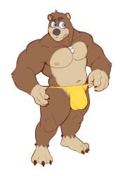 3_toes 4_fingers anthro areola banjo-kazooie banjo_(banjo-kazooie) barazoku bear biceps big_bulge biped black_nose blue_eyes brown_body brown_fur bulge claws clothed clothed_anthro clothed_male clothing clothing_pull deltoids detailed_bulge digital_drawing_(artwork) digital_media_(artwork) eyebrows feet finger_claws fingers flat_colors full-length_portrait fur hi_res humanoid_feet humanoid_hands jewelry jrjresq looking_aside male male_anthro mammal monotone_background muscular muscular_anthro muscular_male navel necklace nipples pecs pink_areola pink_nipples plantigrade portrait raised_eyebrow rareware simple_background solo standing tan_body thong thong_only thong_pull three-quarter_view toe_claws toes tooth_necklace topless topless_anthro topless_male tuft underwear underwear_only underwear_pull white_background yellow_clothing yellow_thong yellow_underwear