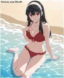 1girls ai_generated bikini bluu_ai frilled_bikini red_bikini solo spy_x_family swimsuit yor_briar yor_forger