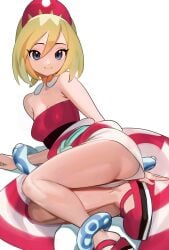 absurdres ass bare_legs bare_shoulders blonde_hair blue_eyes bracelet breasts closed_mouth commentary female hair_ornament highres irida_(pokemon) jewelry looking_at_viewer lying medium_breasts neck_ring nia_(nia4294) nintendo on_side pokemon pokemon_legends:_arceus red_shirt shirt shoes short_hair shorts simple_background solo strapless symbol-only_commentary thighs waist_cape