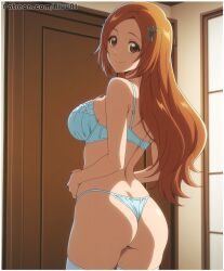 1girls ai_generated ass bleach bluu_ai inoue_orihime solo underwear white_bra white_panties white_underwear