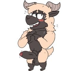 absurd_res anthro balls bennet_(bennetdasheep) big_balls big_penis bodily_fluids bovid caprine embarrassed erection fur genitals hi_res horn humanoid_genitalia humanoid_penis janjauwu male mammal nude penis presenting presenting_balls presenting_penis pubes sheep solo sweat tail white_body white_fur