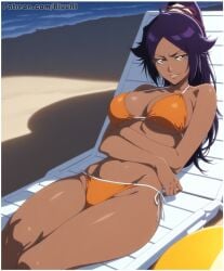 1girls ai_generated bikini bleach bluu_ai dark-skinned_female dark_skin orange_bikini shihouin_yoruichi solo swimsuit