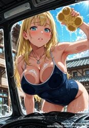 against_glass ai_generated all_fours areolae armpits bangs bare_shoulders blonde_hair blue_eyes blue_one-piece_swimsuit blue_sky blush breast_press breasts breasts_on_glass building car clavicle cleaning cleavage clothing cloud collarbone competition_school_swimsuit competition_swimsuit covered_navel day earrings female female female_only ground_vehicle holding jewelry jousneystudio kofune_ushio large_breasts leaning_forward lips long_hair looking_at_viewer motor_vehicle navel necklace nipples one-piece_swimsuit original outdoors parted_lips partially_submerged pool poolside school_swimsuit see-through sky soap_bubbles solo sponge standing summertime_render sweat swimsuit tank_suit thighs wading washing water water_drop wet wet_clothes wet_swimsuit window
