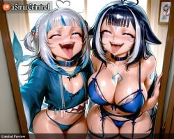 2girls ahoge ai_generated animal_collar animal_hood asmutcriminal bangs bedroom black_collar blue_bikini blue_bra blue_eyes blue_hair blue_hoodie blue_nails blue_panties blunt_bangs blush body_writing bra breast_tattoo breasts cellphone cleavage collar collarbone desk door doorway fangs fish_tail garter_belt gawr_gura hair_ornament heart heart-shaped_pupils heterochromia hololive hood hood_down hoodie indie_virtual_youtuber indoors large_breasts long_hair looking_at_viewer medium_hair mirror multicolored_hair multiple_girls nail_polish navel open_door open_mouth opening_door panties pasties phone picture_frame portrait_(object) pubic_tattoo reflection saliva shark_girl shark_hood shark_tail sharp_teeth shylily silver_hair smartphone smile streaked_hair swimsuit tagme tail tattoo teeth thigh_strap thighhighs tongue tongue_out tongue_piercing two-tone_hair two_side_up underwear uvula virtual_youtuber white_hair window