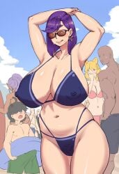 areolae arms_behind_head arms_up ass ass_visible_through_thighs beach big_breasts bikini blue_sky body_paint bodypaint breasts busty chae_(moe568882) completely_nude completely_nude_female curvaceous curvy curvy_female curvy_figure daytime false_clothes female_focus female_pubic_hair glasses horny horny_female huge_ass huge_breasts milf moe568882 mole mole_under_mouth multiple_boys multiple_girls navel nipples nude nude_female original original_character outdoors painted_clothes pubic_hair public public_exposure public_indecency public_nudity purple_hair pussy_juice solo solo_focus standing sunglasses sweat swimsuit thick_thighs thighhighs thighs tongue tongue_out