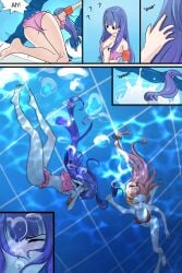 3girls air_bubbles big_breasts bikini blonde_hair blue_hair closed_eyes exposed exposed_pussy half_naked marima666_(artist) sinking small_breasts underwater water