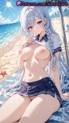 1girls 2025 ai_generated beach blue_hair blue_skirt braid breasts closed_mouth clothes_lift collared_shirt hi_res highres jujutsu_kaisen large_breasts lifted_by_self long_hair looking_at_viewer mei_mei_(jujutsu_kaisen) miniskirt natsuyoru navel nipples no_bra no_panties ocean outdoors patreon pleated_skirt purple_eyes pussy school_uniform shirt shirt_lift short_sleeves sitting skirt smile solo stomach thighs umbrella vagina very_long_hair voluptuous voluptuous_female water wet white_hair white_shirt
