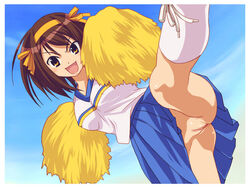 blush censored cg cheerleader female leg_lift no_panties pussy smile spread_legs suzumiya_haruhi suzumiya_haruhi_no_yuuutsu
