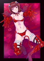 bat_wings breasts crotch_cutout crotchless_panties elbow_gloves gloves heart heart_crotch_cutout heart_cutout hidebou idolmaster incoming_hug looking_at_viewer naughty_face nightmare_blood nipples outstretched_arms outstretched_hand panties pussy pussy_peek thighhighs uncensored underwear wings