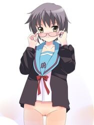 bottomless cardigan nagato_yuki nanako_(artist) no_panties pussy school_uniform short_hair suzumiya_haruhi_no_yuuutsu uncensored