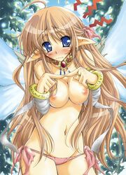 bandage beige_skin blonde_hair blue_eyes blush bracelet breasts choker closed_mouth color day dengeki embarrassed fairy female female_only front_view hair highres jewelry long_hair looking_at_viewer mound_of_venus nipples open_eyes outdoors panties pointy_ears side-tie_panties solo topless underwear wings