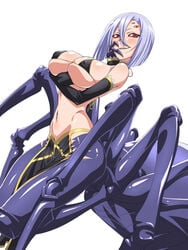 1girls abs arachne arachnid_humanoid arachnid_taur ass bangs bare_shoulders blush breast_hold breasts carapace chikuishi cleavage detached_sleeves drider erect_nipples female female_only grin hair_between_eyes hand_on_own_cheek hand_on_own_face huge_breasts insect_girl large_breasts loincloth midriff monster_girl monster_musume_no_iru_nichijou multi_eye multi_leg multi_limb navel purple_hair rachnera_arachnera red_eyes sharp_teeth shiny shiny_skin short_hair sideboob simple_background skindentation smile solo spider_girl thin_waist underboob white_background