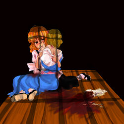 2girls alice_margatroid amputee blonde_hair blood female guro hug kuronoa marisa_kirisame multiple_girls severed_finger short_hair sitting touhou yuri