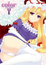 blonde_hair blush choker elbow_gloves female flower frills gloves hat katagiri_chisato long_hair lying on_side panties purple_eyes pussy_juice ribbon ribbon_choker thighhighs touhou underwear white_gloves white_panties yukari_yakumo