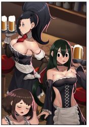 3girls beer beer_mug maid_uniform momo_yaoyorozu multiple_girls my_hero_academia nico-mo ochako_uraraka skimpy_clothes tsuyu_asui