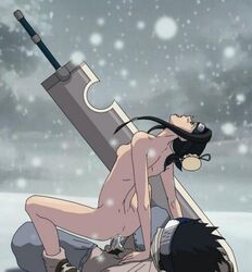 1boy 1girls anal ass beige_skin black_hair breasts buggery clothed_sex color cowgirl_position female flat_chest girl_on_top hair haku_(naruto) headband human male momochi_zabuza naruto naruto_(classic) nude outdoors penis riding rule_63 sex snow straight straight_hair sword uncensored weapon